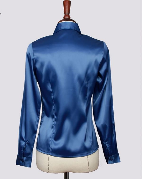 【即納】TK-a1121 限定品 シャツ ブラウス 長袖 フリル襟シルクタッチOLシャツ-【カラー：ブルー】-【サイズ：M】