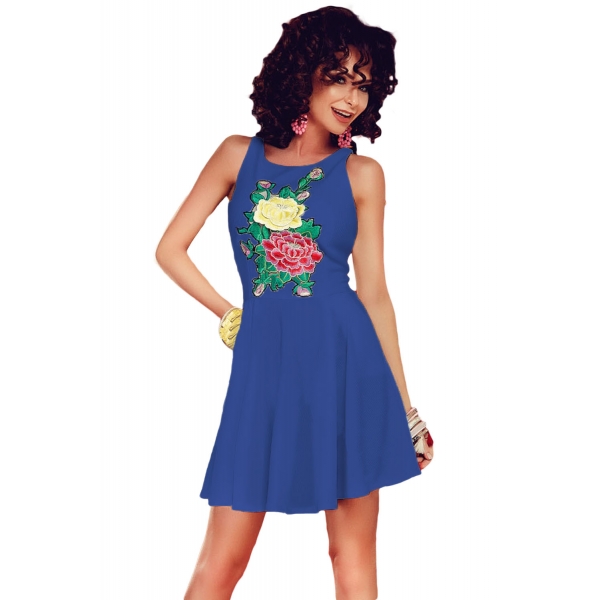 ブルー 刺繍 花柄 スケーター ドレス cc22696-5