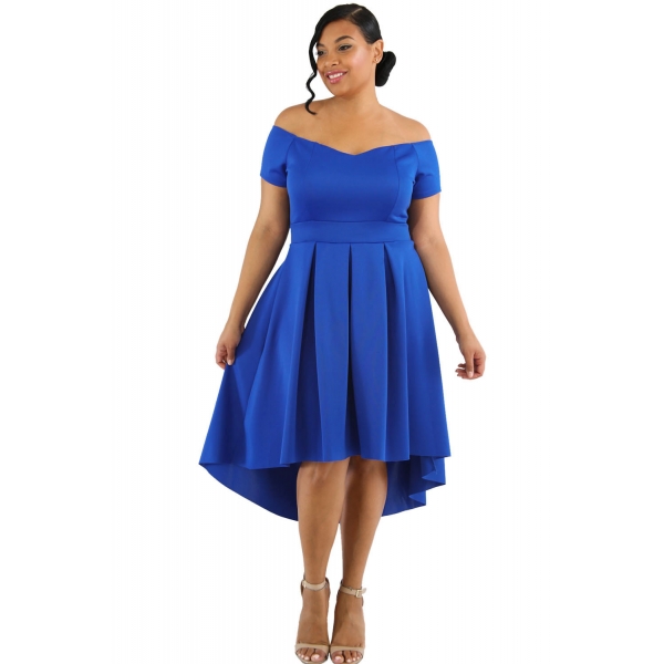 ブルー 大きいサイズ オフショルダー スイング ドレス lc61618-5p