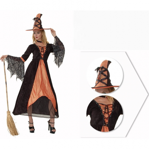 コスチューム オレンジ魔女 ウィッチ ドレス+帽子(箒含まず） 2点セット qx10037-16