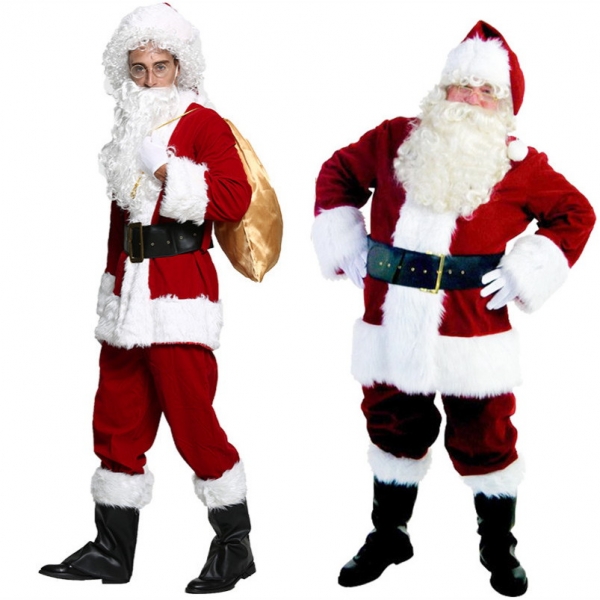 クリスマス コスチューム サンタクロース豪華フルセット ウィッグ+帽子+メガネ+口髭+トップス+グローブ+パンツ+ベルト+ブーツ+プレゼント袋 10点セット qx10040-1