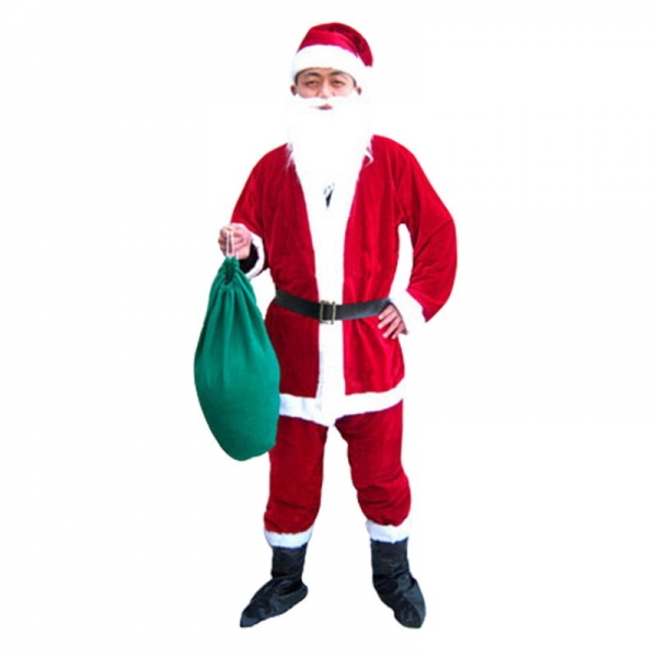 クリスマス コスチューム サンタクロース 帽子+口髭+トップス+ベルト+パンツ+ブーツ+プレゼント袋 7点セット qx10040-2