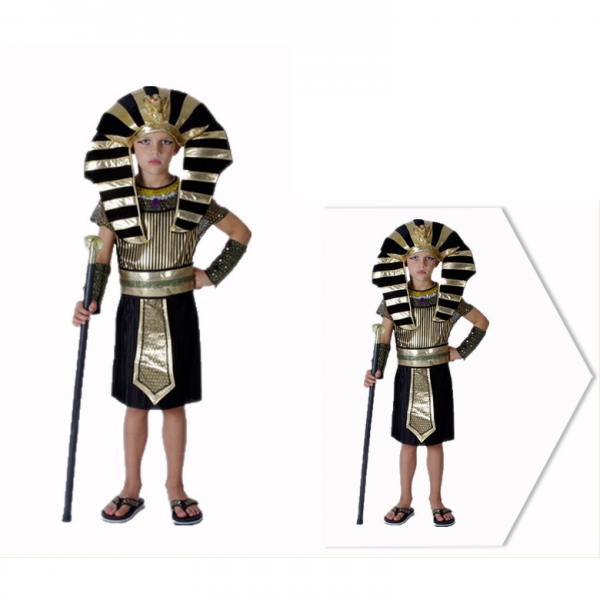 古代エジプト コスチューム ツタンカーメン 黄金王 7-10歳児 帽子+ワンピース+ネックピース+アームカバーx2+ウエストバンド 6点セット qx10074-5