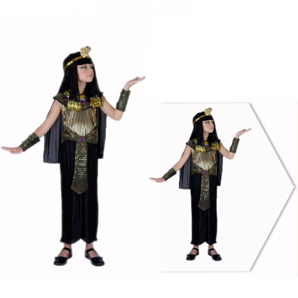 古代エジプト コスチューム クレオパトラ 7-10歳児 ドレス+ヘッドピース+ネックピース+ウエストバンド+アームカバーx2 6点セット qx10074-6