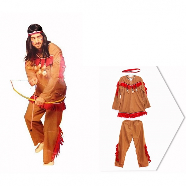 インディアン コスチューム 部族民 狩人 ブラウン 男 3点セット ヘッドピース+トップス+パンツ 3点セット qx10090-5